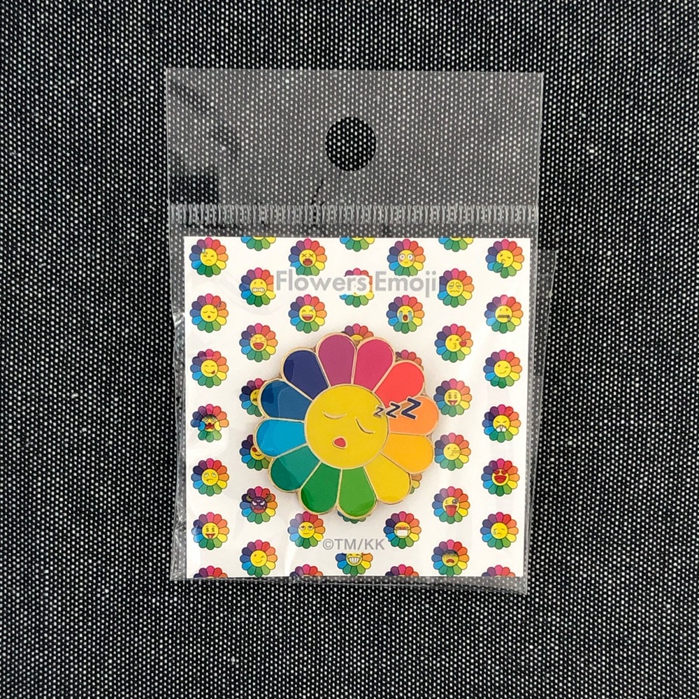 Murakami flower emoji sleeping rainbow pin
